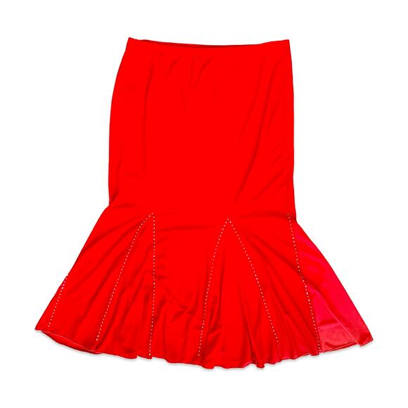 VTG 90s/Y2k Red Hot Chrome Rhinestone Studded Latin Mermaid Tango Midi Skirt 2XL - Picture 1 of 11